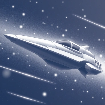 A futuristic spaceship with sleek, aerodynamic lines is moving at high speed through a star-filled cosmos. The ship has glowing panels along its surface and a pointed nose that enhances its streamlined appearance. Surrounding the spaceship, countless stars twinkle in the vast darkness of space. Some stars are larger and brighter, creating a sense of depth and distance. The cosmos is filled with distant celestial bodies, including planets and nebulae, adding to the scene's complexity and scale.