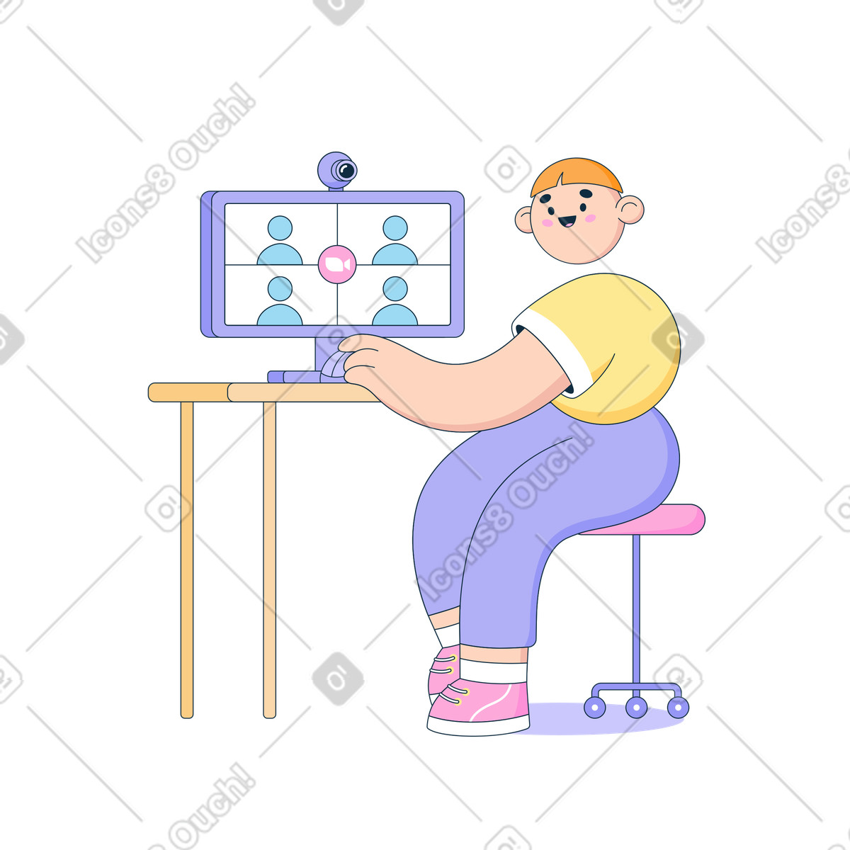 下载 Bubble gum 风格的 男人坐在电脑前参加在线会议 插画，支持 PNG、SVG 格式