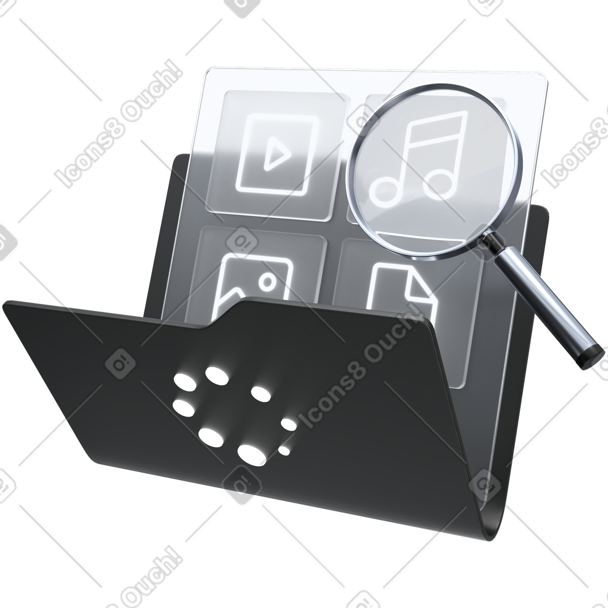 Ricerca di risorse digitali, individuazione file multimediali, sistema gestione dei contenuti illustrazione in stile 3D Pro scarica in PNG, SVG