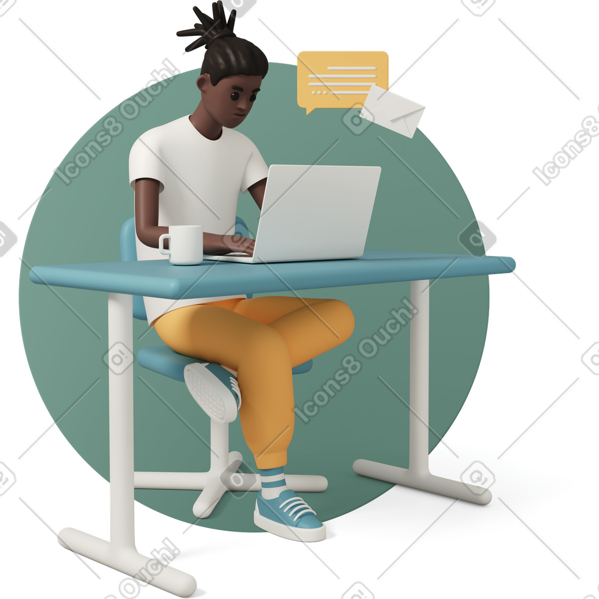 Young man using laptop for online work at table illustration in 3D Casual life style download in PNG, SVG