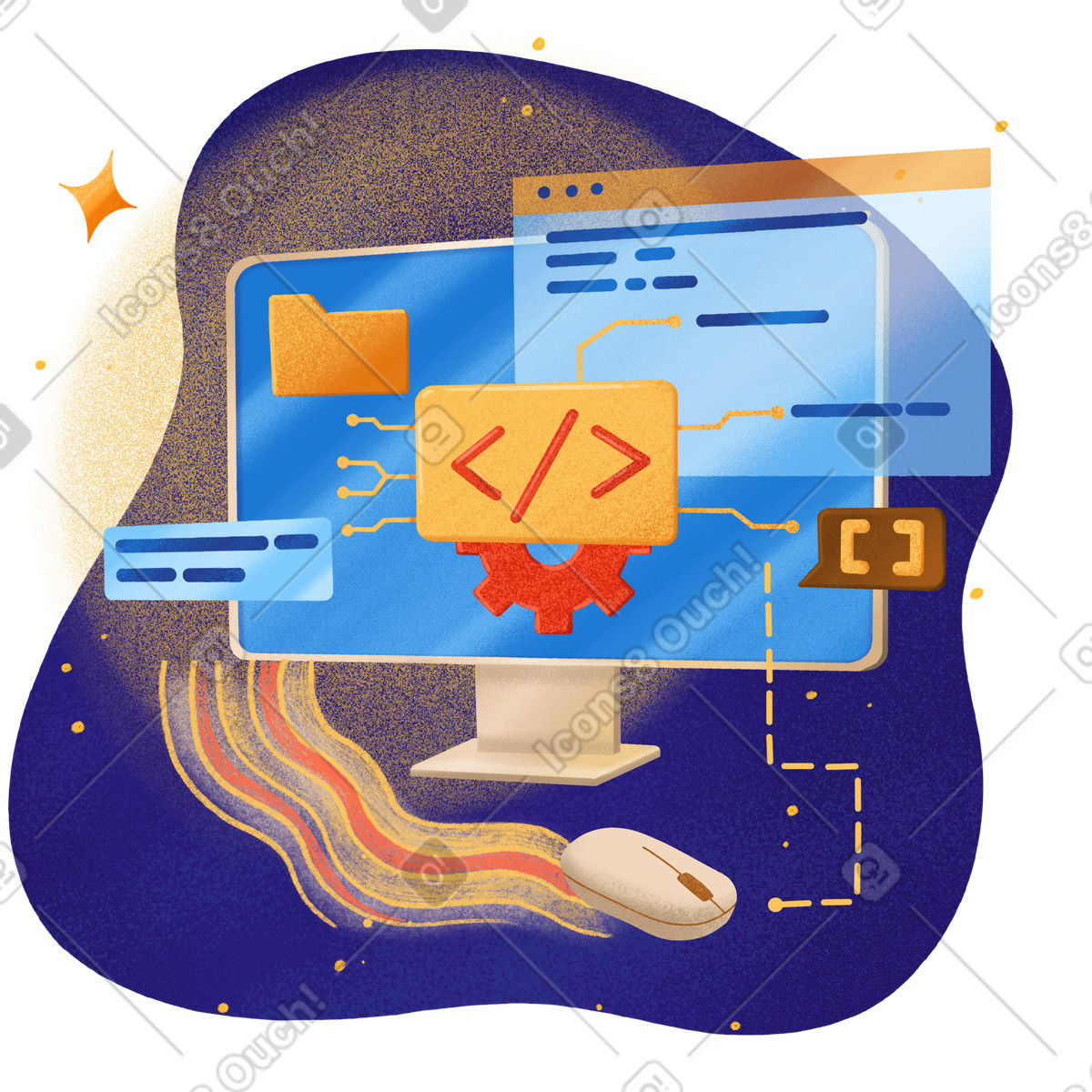 Desktop screen with coding symbols illustration for education technology clipart images in PNG