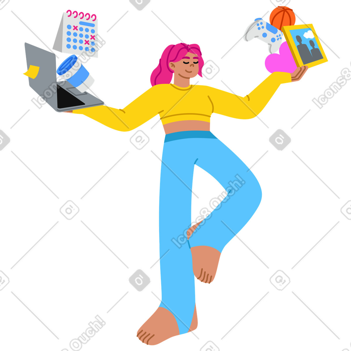 Ilustración La mujer joven mantiene un equilibrio entre el trabajo y vida personal en estilo Active a descargar en PNG SVG