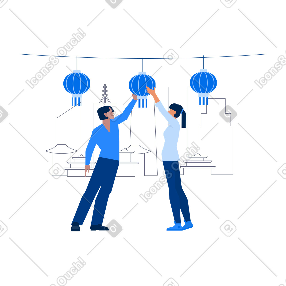 Couple hanging lanterns for Chinese New Year celebration illustrazione in stile Urban scarica in PNG, SVG