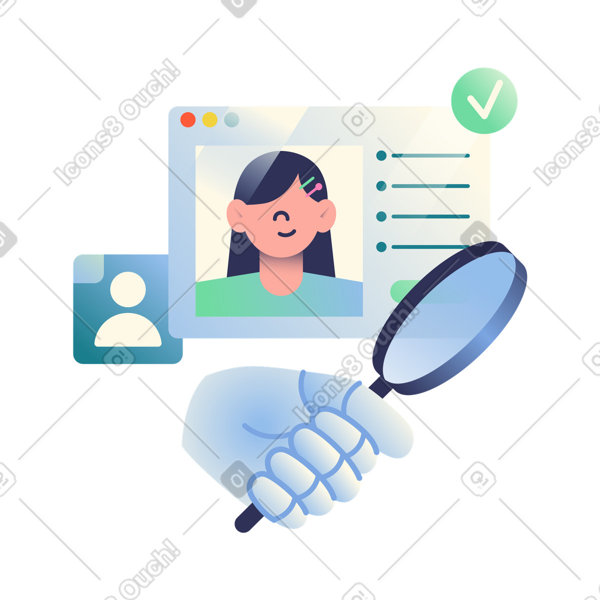 Robot hand with magnifying glass reviewing candidate profile, AI recruitment and hiring process animated illustration in Beam style download in GIF, Lottie (JSON), AE