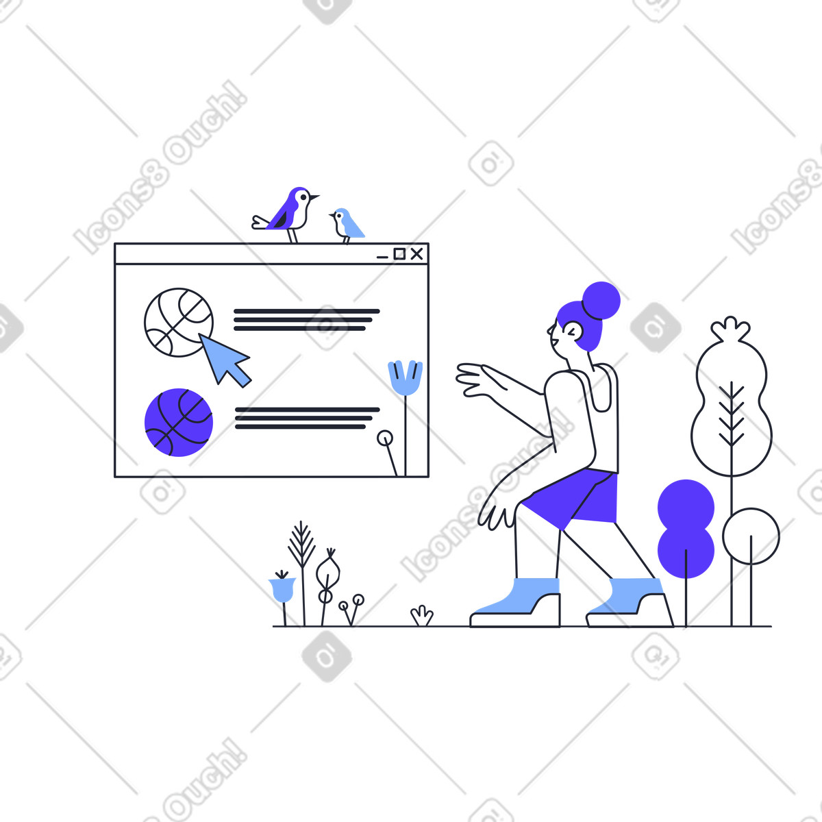 Sportsman selecting basketball from online store, shopping for sports clothing and equipment illustration in Pablita style download in PNG, SVG