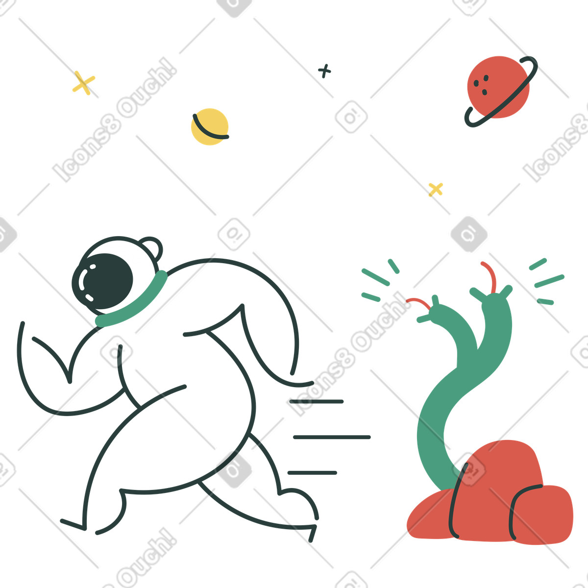Ilustración Astronauta huyendo de un monstruo en el espacio estilo Macaroni a descargar PNG y SVG