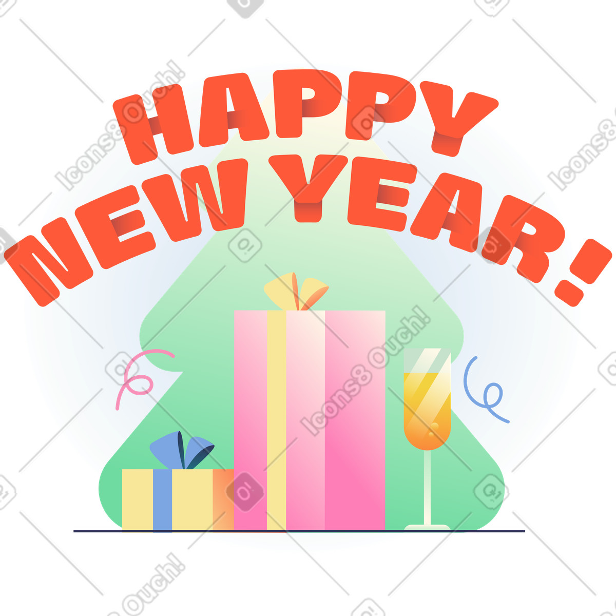 Lettering Happy New Year! with festive tree and gifts text illustration in Beam style download in PNG, SVG