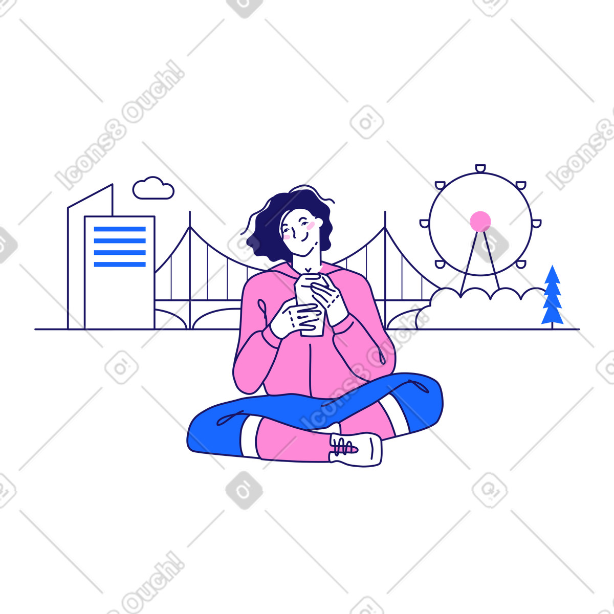 Ilustración Mujer tomando café al aire libre en la ciudad estilo Matey a descargar PNG y SVG