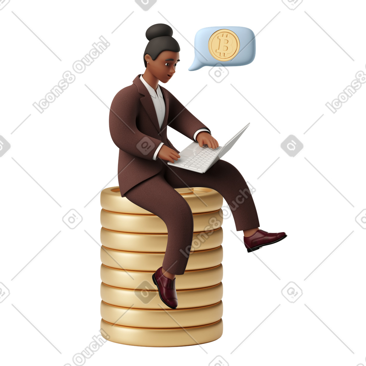 Woman sitting on stack of bitcoins and analyzing finances illustration in 3D Business style download in PNG, SVG