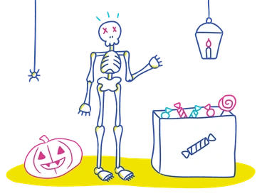 A skeleton with candy and a pumpkin - Lime style illustration