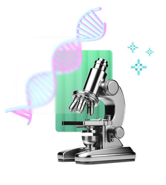 A microscope with DNA strands and abstract elements - Chromed style illustration
