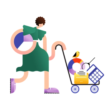 A woman pushing a cart with various items - Wavy style illustration
