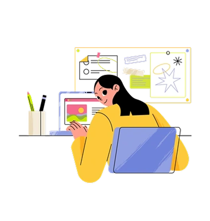 A woman sitting at a desk with a laptop - Juicy style illustration