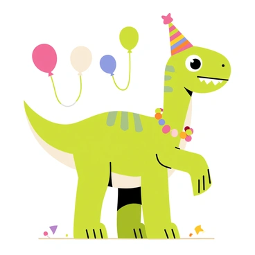 A cute dinosaur with green scales and big expressive eyes is standing on two legs. It is wearing a colorful party hat decorated with stars and stripes. The dinosaur has a wide smile, showing its tiny sharp teeth. Around its neck is a string of vibrant party beads. Balloons in various colors float in the background, and there are confetti pieces scattered around the ground. The scene conveys a joyful celebration atmosphere.