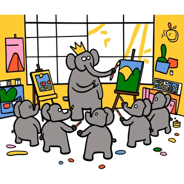 Babar, a light gray elephant with a crown on his head, is standing at the front of a bright and colorful art studio. He is holding a paintbrush in his trunk and demonstrating a painting technique. Around him, several young elephants with varying shades of gray and different ear shapes are attentively watching and holding their own paintbrushes. The studio is filled with vibrant paintings on the walls, and there are splashes of paint on the floor. Sunlight is streaming in through large windows, illuminating the art supplies scattered around, including easels, paint tubes, and palettes. The atmosphere is lively and cheerful, reflecting a sense of creativity and learning.