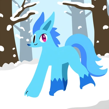 A blue Suicune with flowing, silky fur is walking through a winter woods. Its breath is visible as white puffs in the cold air. Snow-covered trees surround the creature, their branches heavy with white snowflakes. The ground is blanketed in fresh, powdery snow that glistens under soft sunlight. Suicune's long, elegant mane flows behind it as it moves gracefully through the tranquil landscape.