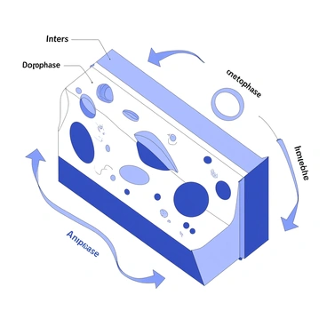 An illustration of a plant cell is depicted in the process of the cell cycle. The cell is shown with a distinct rectangular shape, with a rigid cell wall surrounding it. Inside the cell, various organelles are visible, including chloroplasts, a large central vacuole, and mitochondria. The nucleus is prominently featured, with visible chromosomes that are condensing as the cell prepares to divide. The cytoplasm contains ribosomes and endoplasmic reticulum that are actively engaged in protein synthesis. Each phase of the cell cycle is labeled clearly, showing stages such as interphase, prophase, metaphase, anaphase, and telophase, with arrows indicating the progression through the cycle.