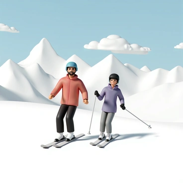 A man, wearing a red ski jacket, black ski pants, and a blue helmet, is skiing down a snow-covered mountain. He has a focused expression as he navigates the slope. Beside him, a woman is wearing a purple ski jacket, gray ski pants, and a black helmet. She is slightly ahead of him, smiling as she glides down the mountain. In the background, the snow-covered peaks of the mountain range stretch under clear blue skies. Fluffy white clouds are scattered across the sky.