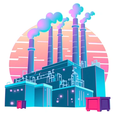 A large factory complex with multiple industrial buildings and towering chimneys. The chimneys are emitting vibrant, swirling colored fumes, creating a striking contrast against the backdrop of a sunset sky filled with rich hues of orange, pink, and purple. The factory's structures are outlined sharply against the sunset, with intricate details of pipes and machinery visible. In the foreground, there are scattered crates and equipment, adding to the industrial atmosphere. The scene captures the dynamic interplay between the factory's operations and the natural beauty of the sunset.