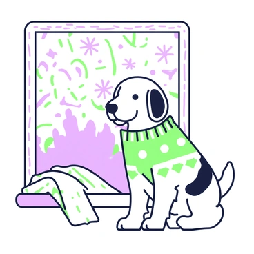 A beagle is sitting by a frosty window, looking cozy in a knitted sweater. The sweater features a pattern of stripes and a round neckline. The beagle has its ears flopped down and a relaxed expression. Outside the window, frost patterns cover the glass, creating intricate designs. The window frame is detailed with wood grain. In the background, a soft blanket is draped over a nearby chair, adding to the warm atmosphere.