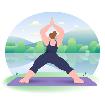 A woman named Sarah with light brown hair tied in a bun is practicing yoga on a purple mat. She is wearing a black tank top and comfortable yoga pants. The mat is placed on a grassy area with a clear view of a tranquil lake in the background. The lake is surrounded by green trees reflecting on the water's surface. A few fluffy white clouds are scattered in the blue sky above. Sarah is in a yoga pose, with her arms gracefully extended overhead while the sunlight casts gentle shadows on the ground.