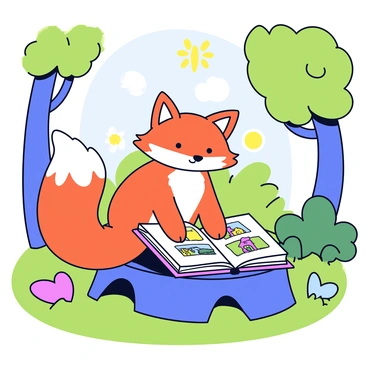 A cartoon fox with a bright orange fur coat is sitting comfortably on a tree stump. The fox has large, expressive eyes and a bushy white-tipped tail. In front of the fox is an open storybook, showcasing colorful illustrations of various forest adventures. Sunlight filters through the leaves above, casting playful shadows on the forest floor. The surrounding area features tall green trees and patches of soft grass, creating a cozy, inviting atmosphere for reading.