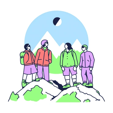 A group of hikers is standing on a mountain peak, looking up at the sky. They consist of three individuals, one wearing a red jacket, another in a green coat, and the third dressed in purple outdoor gear. Each hiker is wearing sunglasses to protect their eyes while observing the solar eclipse. The sky above them is partially obscured by a celestial phenomenon, with the sun being eclipsed by the moon, creating a breathtaking scene. The hikers are positioned on a rocky surface with patches of grass, and in the background, other mountain peaks can be seen under a clear blue sky.