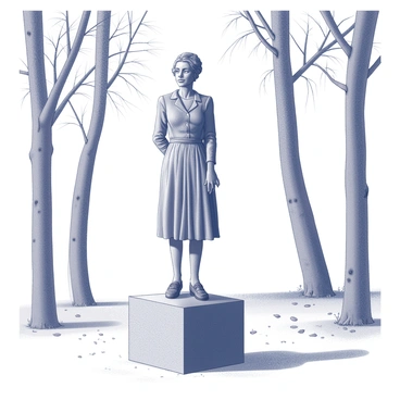A bronze statue of "Simone Veil" stands prominently in a city park. The statue captures her with a dignified posture, wearing a simple dress with delicate folds. Surrounding the statue, there are several tall trees, their trunks sturdy and branches reaching outwards, providing a natural frame. The ground is covered with a mix of grass and fallen leaves, suggesting the passage of time. The atmosphere is peaceful, inviting visitors to pause and reflect on the figure represented.