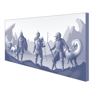 A large mural covering a wall with intricate depictions of ancient myths. The scene features several legendary heroes, each adorned in elaborate armor with detailed designs, showcasing their unique weapons. Surrounding the heroes are various mythical beasts, including a dragon with scaled wings, a griffin with majestic feathers, and a centaur poised with a bow. The background includes stylized clouds and mountains, enhancing the epic nature of the mural. Each character and creature is carefully detailed, capturing the grandeur of the myths they represent.