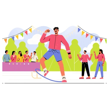 A performer wearing a bright red shirt and blue shorts is incorporating a colorful jump rope into a dance routine on an outdoor stage. The stage is decorated with vibrant banners and twinkling lights. A lively audience is watching, with some people clapping and others cheering. In the background, there are trees with green leaves and a clear blue sky. The performer has an energetic expression, showcasing enthusiasm as they skillfully twirl the jump rope around.