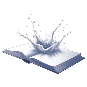 An open book lying on a flat surface, with its pages slightly curled at the edges. A massive wave of water is splashing upwards from the book, creating dynamic shapes and droplets in the air. The water appears to be forceful and tumultuous, with a sense of movement as it flows outward. The scene captures the moment when the wave breaks, sending small splashes in various directions, illustrating the contrast between the static book and the dynamic water.