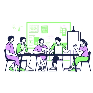 A group of art students is sitting at a large, rectangular table in a brightly lit classroom. There are five students; two have sketchbooks open in front of them, filled with sketches. One student has a large canvas resting against the wall, displaying a partially completed painting. Another student is doodling on a notepad, while the last one is tapping their foot nervously. Each student has a unique hairstyle and is wearing casual clothing. An easel stands nearby, holding a blank canvas, indicating the artistic atmosphere. In the background, a bulletin board is covered with art-related announcements and inspiring quotes. The students are all looking toward the front of the room, where their professor is expected to arrive.