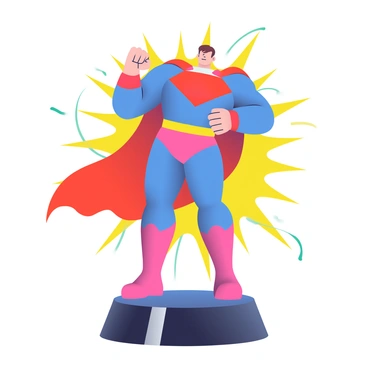An action figure of a superhero with a muscular build is posed in a dynamic stance on a small circular display stand. The figure has bright blue and red armor, with a flowing cape that is partially raised as if caught in the wind. Its right arm is extended forward with a clenched fist, and the left arm is bent at the elbow, showcasing a powerful gesture. The base of the display stand is black and glossy, reflecting light subtly. Surrounding the figure, there are vibrant comic-style action lines emanating from its pose, enhancing the sense of movement and excitement.