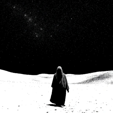A figure representing a lost soul is walking alone in an expansive desert landscape. The figure is cloaked, with features obscured, conveying a sense of solitude. The desert stretches endlessly, featuring rolling dunes and sparse vegetation. Above, a vast sky filled with countless stars twinkles, creating a striking contrast against the dark backdrop of the night. The scene captures the vastness of the desert and the isolation of the wandering figure.