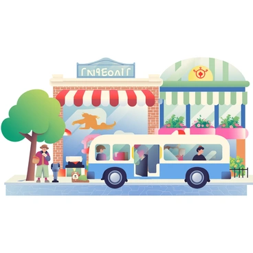 A charming small-town main street is lined with quaint storefronts featuring colorful awnings and flower boxes brimming with blooming plants. In the center of the scene, a vintage blue and cream bus with rounded edges is parked beside the curb, its doors opened wide as it prepares to pick up passengers. A group of people, including a man in a brown hat and a woman carrying a basket, are waiting by the bus, looking excited. The street is paved with cobblestones, and a few trees with lush green leaves provide shade on this sunny day. Behind the bus, a classic brick building with large windows showcases a café with outdoor seating, and a cheerful dog is lounging nearby.