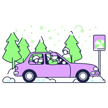 A family is sitting inside a car parked on the side of a snow-covered road. The car has its hazard lights flashing, creating a sense of urgency. The parents are in the front seats, with the father gripping the steering wheel and the mother looking at a smartphone. In the backseat, two children are bundled up in winter coats, looking out of the windows at the falling snowflakes. The scene is set against a backdrop of tall pine trees dusted with snow, and the ground is blanketed in a thick layer of white. A faint outline of a road sign is visible in the distance, partially covered with snow.