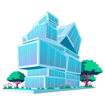 An illustration showcasing a sleek modern building with glass facades