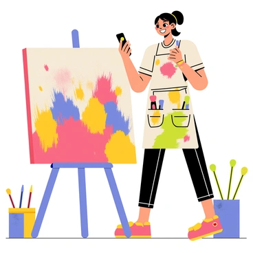 An artist taking a selfie in front of a colorful canvas filled with brushstrokes