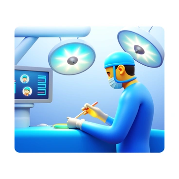 A doctor wearing a surgical mask and scrubs is focused on performing surgery. The operating room is equipped with advanced medical technology, including a large monitor displaying patient data. The doctor is using precision surgical tools such as a scalpel and forceps. Bright surgical lights illuminate the area, highlighting the intricate details of the procedure. The scene captures the intensity and concentration of the surgical process.