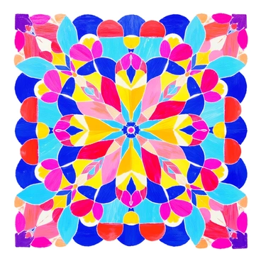 A kaleidoscope pattern is created with intricate shapes interlocking seamlessly. The design features vivid segments filled with the primary and secondary colors of the color wheel: bright reds, sunny yellows, deep blues, vibrant greens, rich purples, and warm oranges. Each segment is adorned with geometric forms, such as triangles, circles, and stars, creating a sense of depth and movement. The overall composition gives the illusion of endless repetition, drawing the viewer's eye into the vibrant and dynamic arrangement of colors.