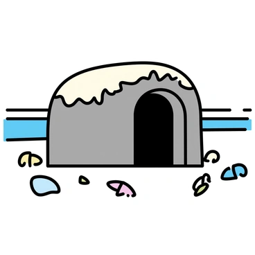 An empty tomb made of weathered stone, partially covered in sand, located on a sandy beach. The tomb has an arched entrance that is open, showing the dark interior. Surrounding the tomb, various seashells in different shapes and sizes are scattered across the sand. Gentle waves can be seen lapping at the shoreline in the background.