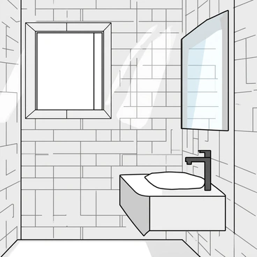 A spotless bathroom with shiny tiles and a reflection in the mirror