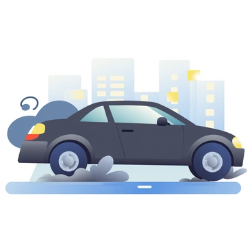 A car with a sleek, shiny black exterior is coming to a stop, its tires skidding against the pavement. Dark gray smoke is rising from the tires, swirling in the air as they make contact with the road. The background features a blurred urban setting with tall buildings and a hint of streetlights. The pavement is wet, reflecting the car’s headlights, adding to the dramatic scene. The car's windows are slightly tinted, and the wheels are angled to emphasize the abrupt halt.