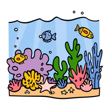 An underwater scene featuring vibrant coral reefs in various shapes and sizes. Colorful fish of different species swim among the corals, displaying bright hues of blue, yellow, and orange. Sunlight filters through the water, creating a shimmering effect on the sandy ocean floor. Small sea anemones sway gently in the current, and a couple of starfish can be seen resting nearby. Bubbles rise from the fish as they move through the lively aquatic environment.