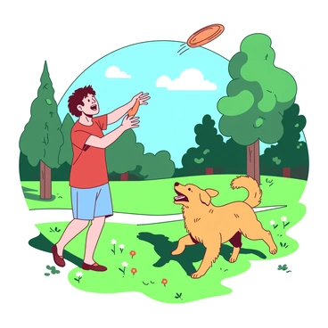 A person is standing in a sunny park, throwing a bright orange frisbee into the air. The dog, a playful golden retriever with shiny fur, is in mid-leap, ears flopping and mouth wide open in excitement, chasing the frisbee. The park has lush green grass, dotted with colorful wildflowers. In the background, there are tall trees providing shade, and a clear blue sky overhead. The person's casual outfit consists of a red t-shirt and light blue shorts, with a joyful expression as they watch their dog.