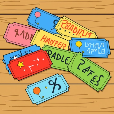 A close-up view of a variety of colorful raffle tickets laid out on a wooden table. The tickets display bright colors including red, blue, yellow, and green, each adorned with bold, playful designs. Some tickets are slightly crumpled, while others are neatly aligned. A few tickets have visible numbers printed on them, and others showcase fun graphics, such as stars and balloons. The texture of the table's surface adds warmth to the scene, highlighting the vibrant colors of the tickets scattered across it.