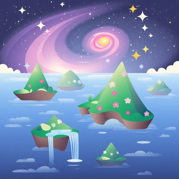 A vast cosmic sea filled with deep blues and purples stretches across the image. Swirling galaxies with vibrant spirals of pink, white, and golden stars are located in the background. Floating islands, covered in lush green vegetation and dotted with colorful flowers, hover serenely in the foreground. Each island is uniquely shaped, some resembling teardrops while others are more angular. Small waterfalls cascade from the edges of the islands, shimmering in the ethereal light of distant stars. A soft glow illuminates the scene, creating a magical atmosphere.