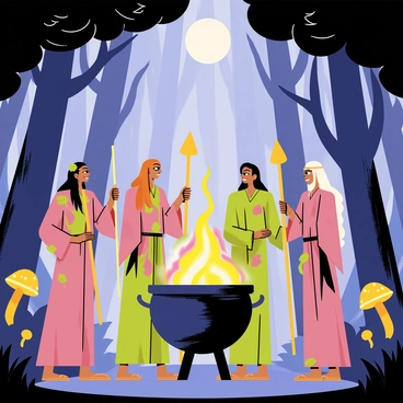 A group of druids is standing in a circle around a large, bubbling cauldron in a mystical forest. The druids are wearing long, flowing robes adorned with natural elements like leaves and vines. Each druid is holding a wooden staff, and their faces show concentration as they perform a ritual. The cauldron emits swirling, colorful steam that rises into the air. Surrounding the druids, tall trees with twisting branches and glowing mushrooms create an enchanting atmosphere, and soft beams of moonlight filter through the canopy above.