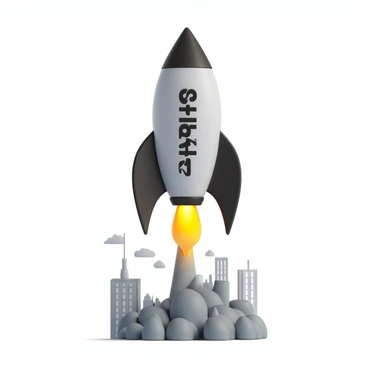 A sleek silver rocket with a pointed tip and fins is taking off vertically. The rocket has the word "Startup" prominently displayed in bold, black letters on its side. Bright flames and thick plumes of smoke billow from the rocket's engines as it ascends into a clear blue sky. In the background, a stylized representation of an economic landscape is visible, featuring upward-trending graphs and abstract buildings, symbolizing growth and ambition.