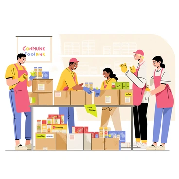 A group of diverse volunteers is actively organizing food packages at a local food bank. They are standing around a large table filled with various food items, such as canned goods, pasta, and fresh fruits. Each volunteer is wearing colorful aprons and gloves for hygiene. One volunteer is carefully placing items into a cardboard box, while another is labeling the packages with "Food Package" printed on bright stickers. In the background, shelves are stacked with additional food items, and a banner reads "Community Food Bank" hanging on the wall. The atmosphere is busy and focused as the volunteers work together to assist those in need.